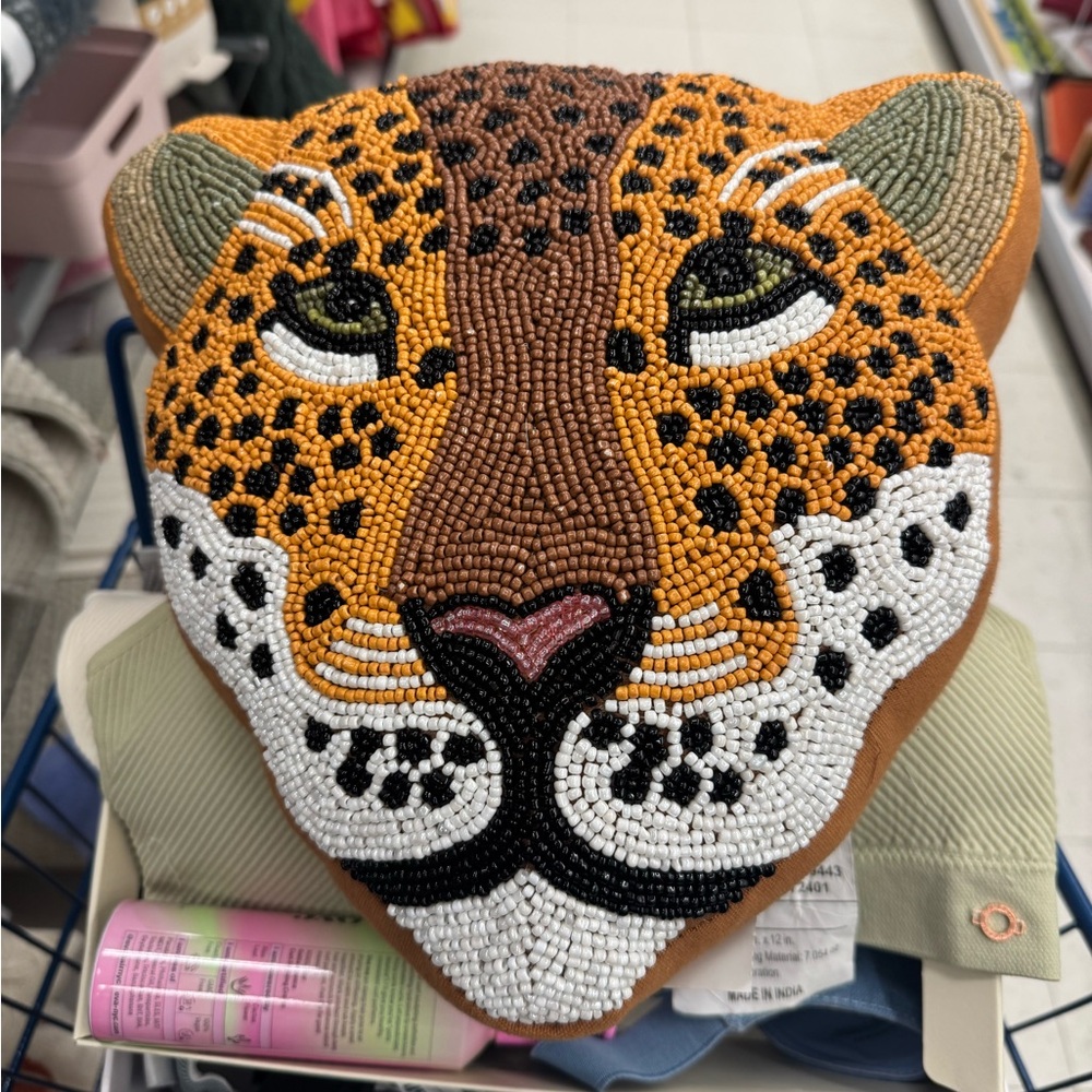 Beaded Leopard Face Pillow